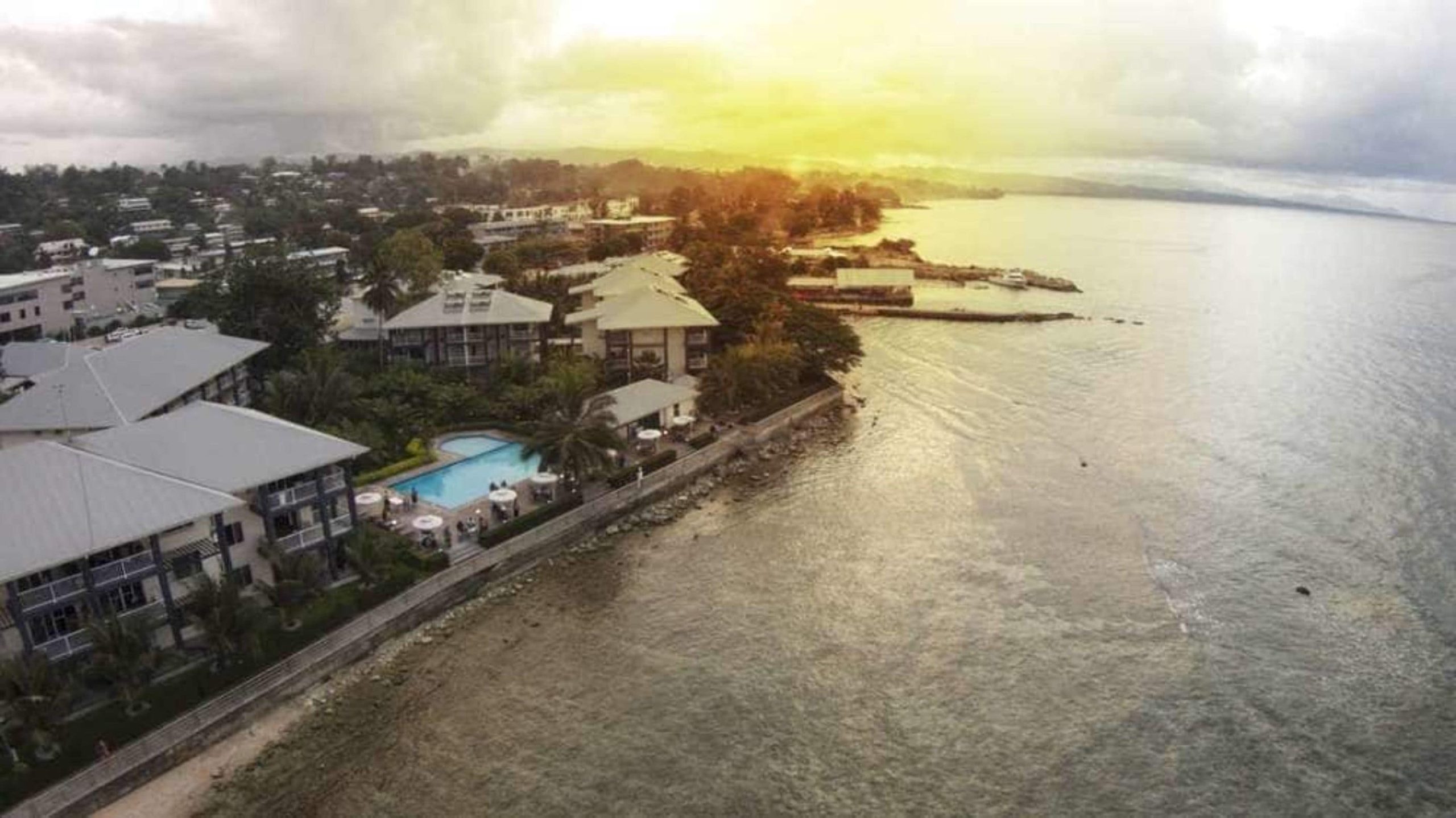 Aerial view of Heritage Park Hotel on the Honiara waterfront.